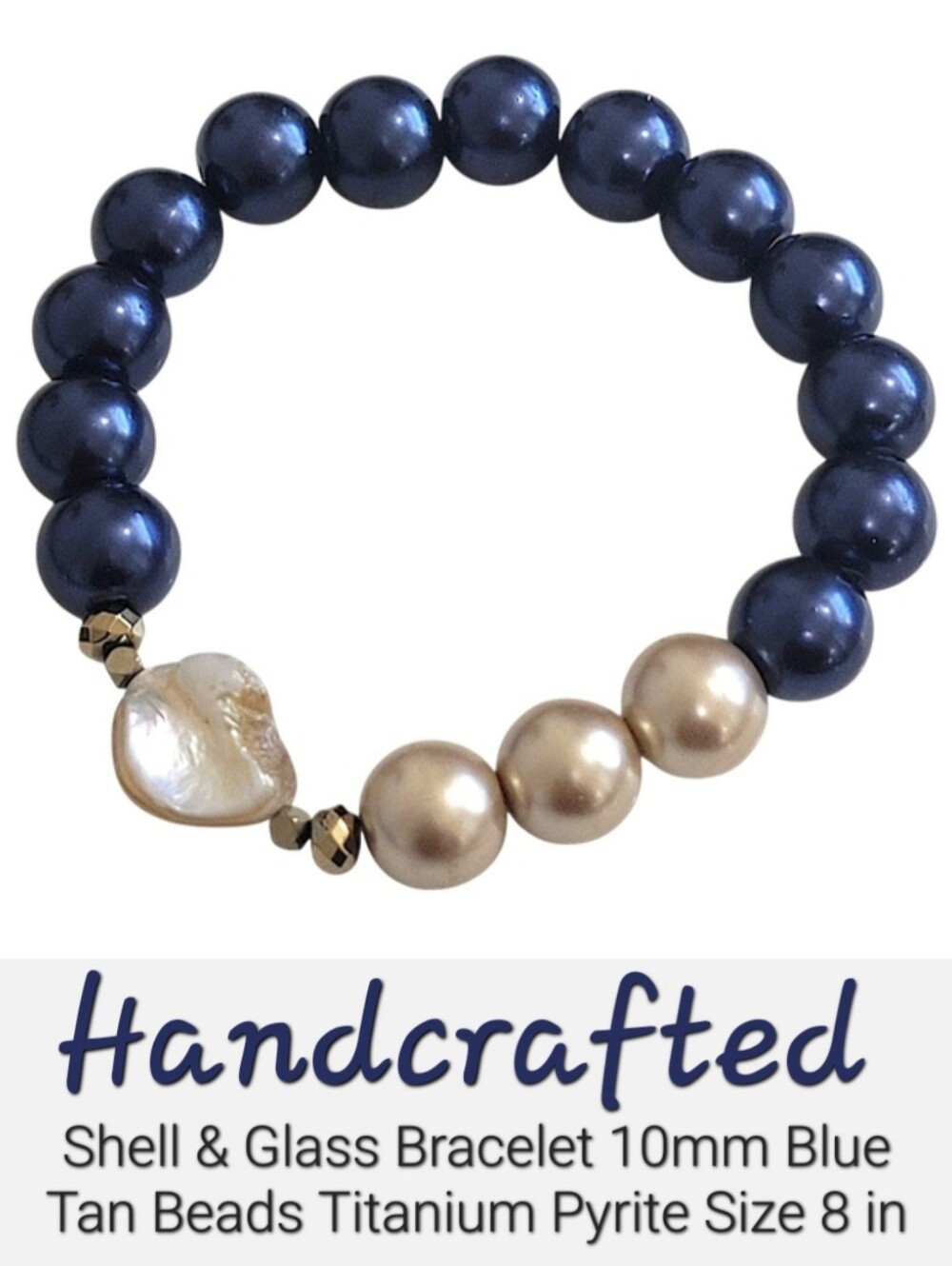 Hand Crafted Blue and Tan Shell & Glass Beaded Bracelet